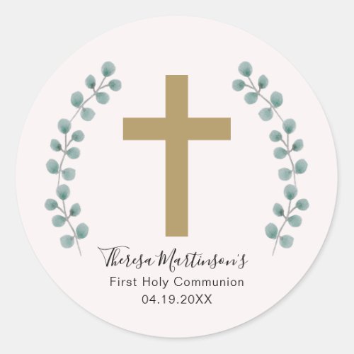 Simple Eucalyptus and Cross First Holy Communion Classic Round Sticker