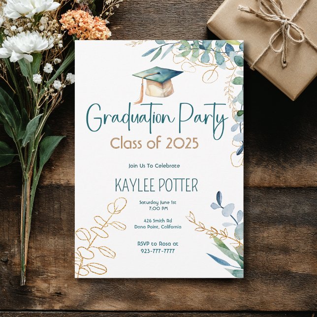 Simple Eucalyptus and Gold Graduation Party Invite (Creator Uploaded)
