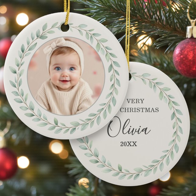 Simple Eucalyptus Baby First Christmas Photo Ceramic Ornament (Creator Uploaded)