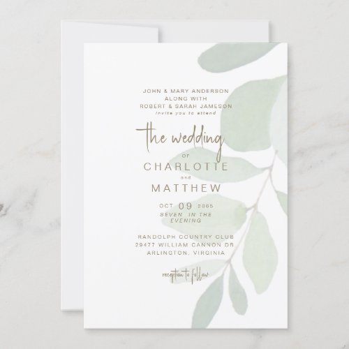 Simple Eucalyptus Both Parents Gold Text Wedding Invitation