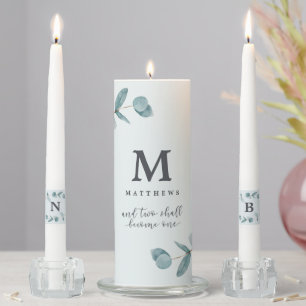 Simple Eucalyptus Branches Quote Wedding Monogram Unity Candle Set