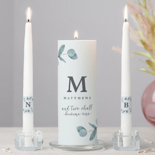 Simple Eucalyptus Branches Quote Wedding Monogram Unity Candle Set (In Situ)