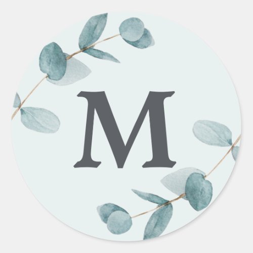 Simple Eucalyptus Branches Rustic Wedding monogram Classic Round Sticker