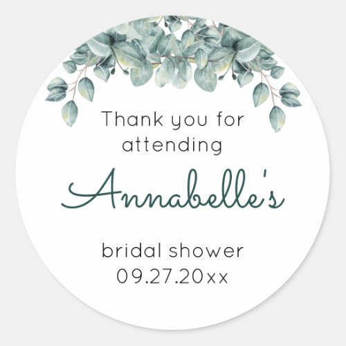Simple Eucalyptus  Bridal Shower Thank You Classic Round Sticker
