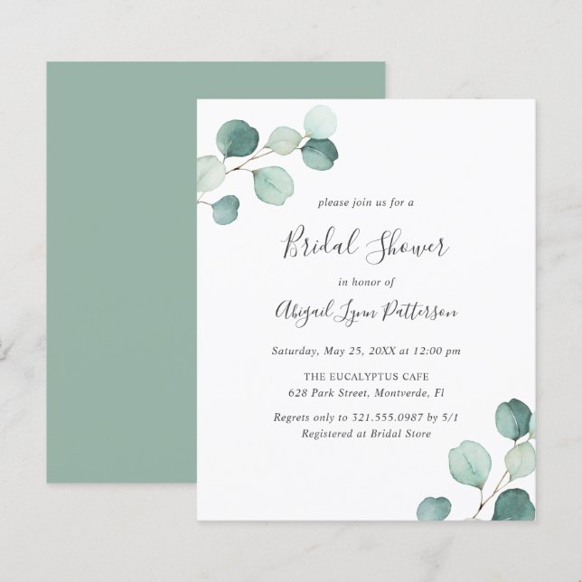 Simple Eucalyptus Budget Bridal Shower Invitation (Front/Back)