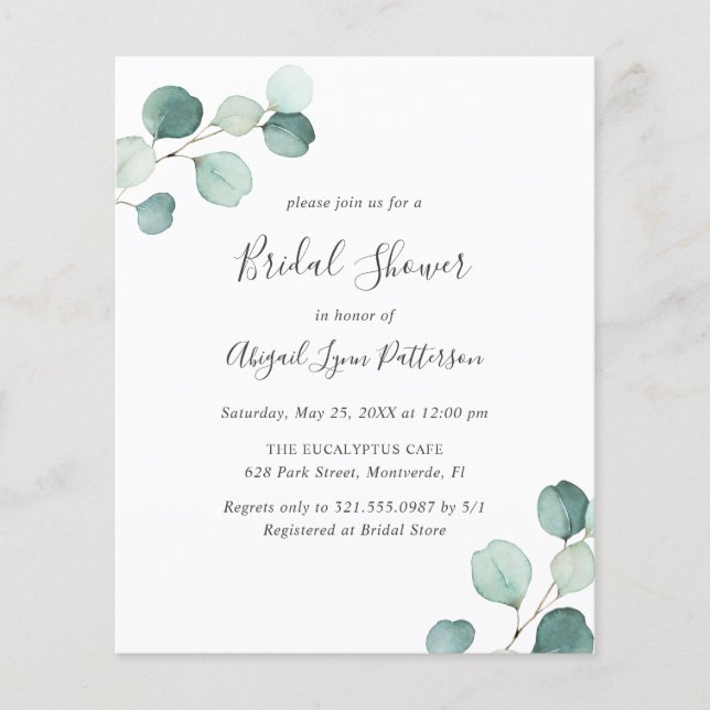 Simple Eucalyptus Budget Bridal Shower Invitation Flyer (Front)