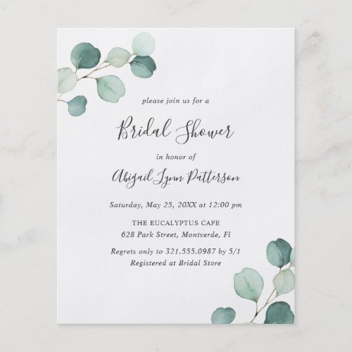 Simple Eucalyptus Budget Bridal Shower Invitation Flyer