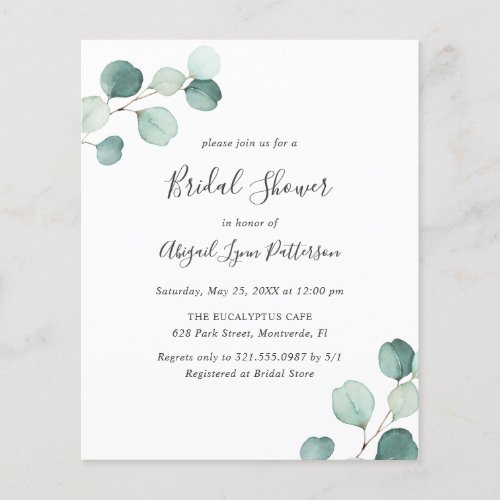 Simple Eucalyptus Budget Bridal Shower Invitation Flyer