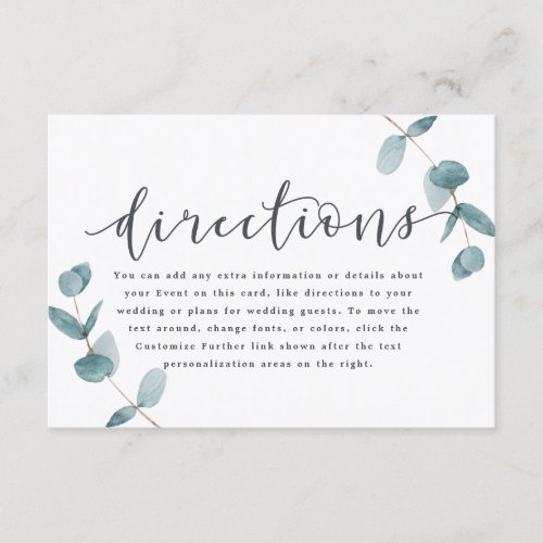 Simple Eucalyptus Calligraphy Wedding Directions Enclosure Card