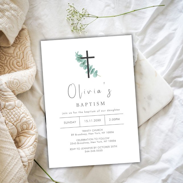 Simple Eucalyptus Cross Christening Baptism Invitation (Simple Eucalyptus Cross Christening Baptism Invitation)