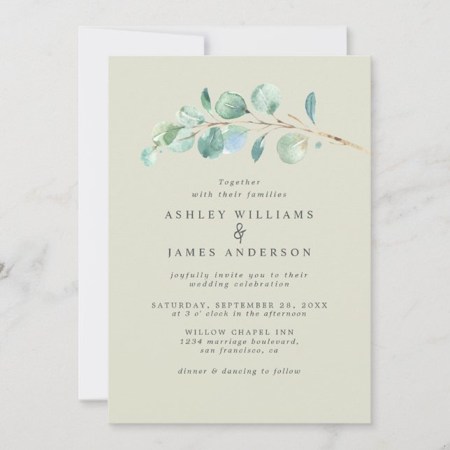 Simple Eucalyptus Foliage Pastel Green Wedding Inv Invitation (Front)