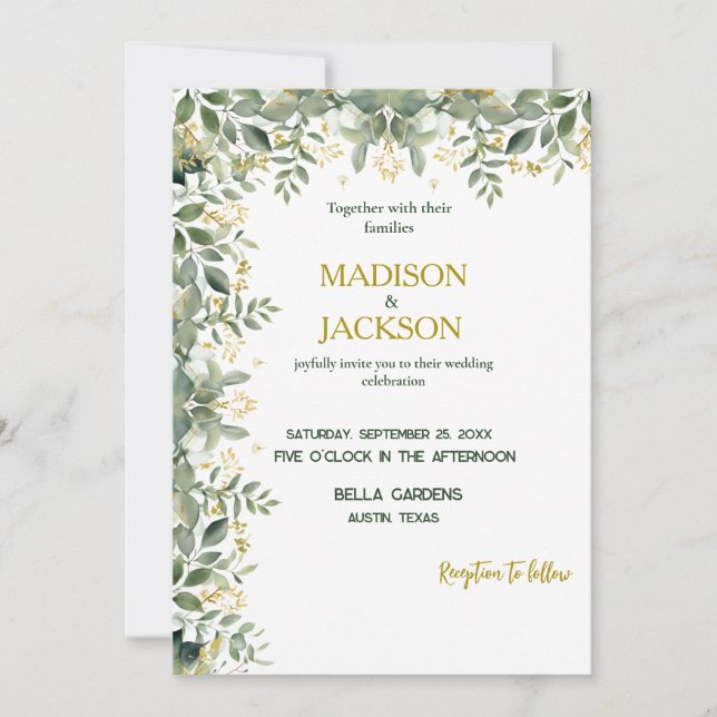 Simple Eucalyptus Gold Greenery Wedding Invitation (Front)