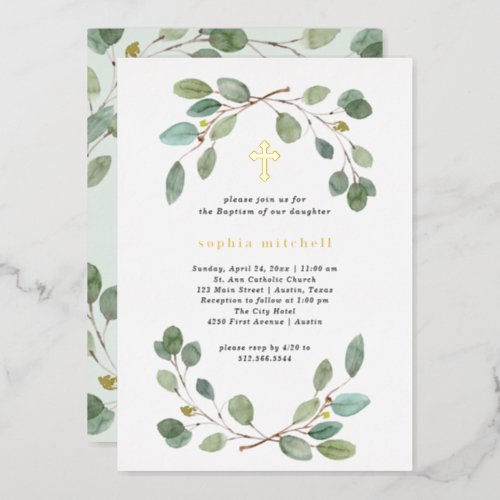Simple Eucalyptus Greenery and Gold Cross Baptism Foil Invitation
