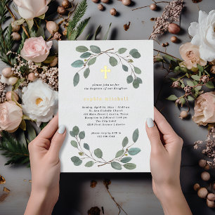 Simple Eucalyptus Greenery and Gold Cross Baptism Foil Invitation