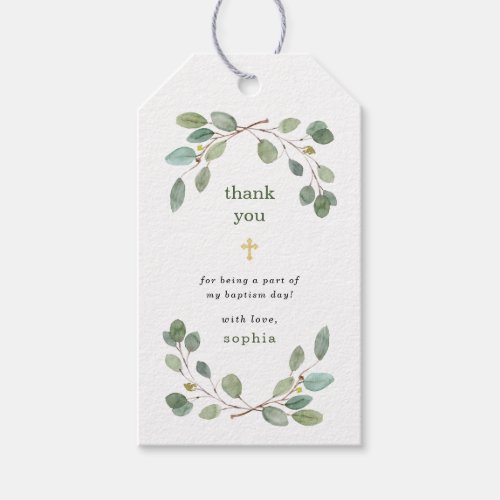 Simple Eucalyptus Greenery and Gold Cross Baptism Gift Tags