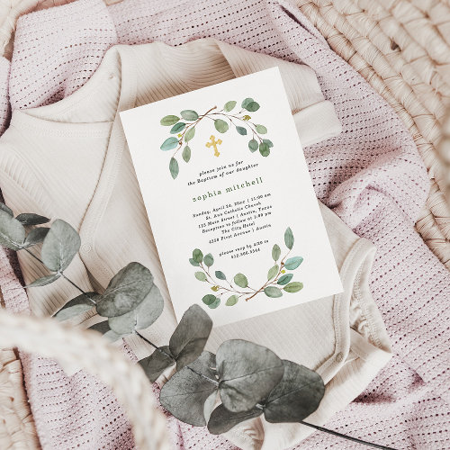 Simple Eucalyptus Greenery and Gold Cross Baptism