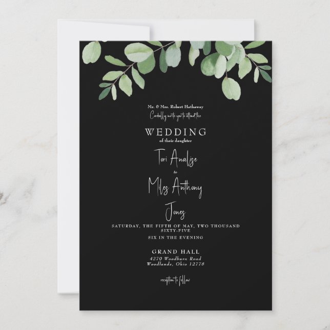 Simple Eucalyptus Greenery Black Wedding Invitation (Front)