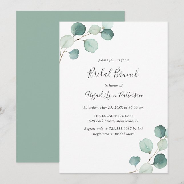 Simple Eucalyptus Greenery Elegant Bridal Brunch Invitation (Front/Back)