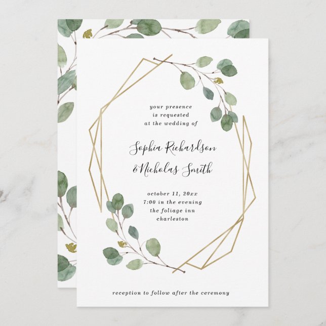 Simple Eucalyptus Greenery | Geometric Wedding Invitation (Front/Back)