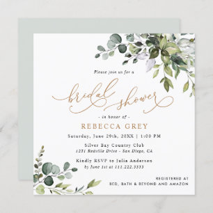 Simple Eucalyptus Greenery Gold Bridal Shower Invitation