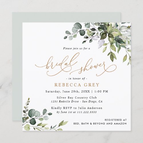 Simple Eucalyptus Greenery Gold Bridal Shower Invitation
