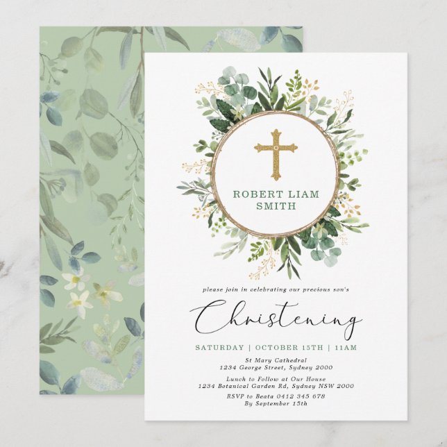 Simple Eucalyptus Greenery Gold Cross Christening Invitation (Front/Back)