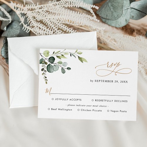 Simple Eucalyptus Greenery Gold Meal Options RSVP Card
