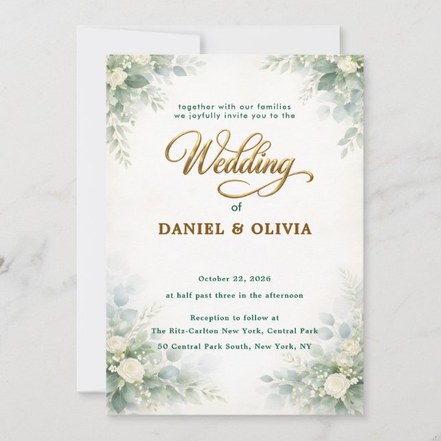 Simple Eucalyptus Greenery Gold Overlay Photo Invitation (Front)