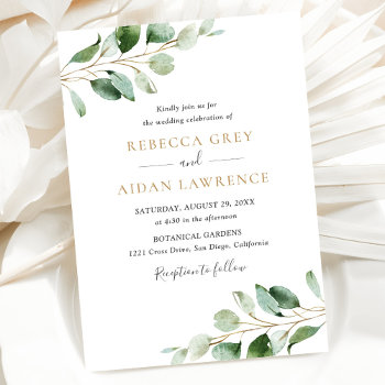 Simple Eucalyptus Greenery Gold Two-in-one Wedding Invitation by PeachBloome at Zazzle