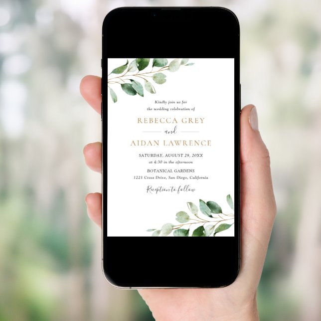 Simple Eucalyptus Greenery Gold Wedding Invitation (Front Digital)