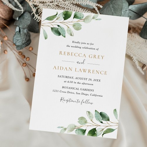 Simple Eucalyptus Greenery Gold Wedding Invitation