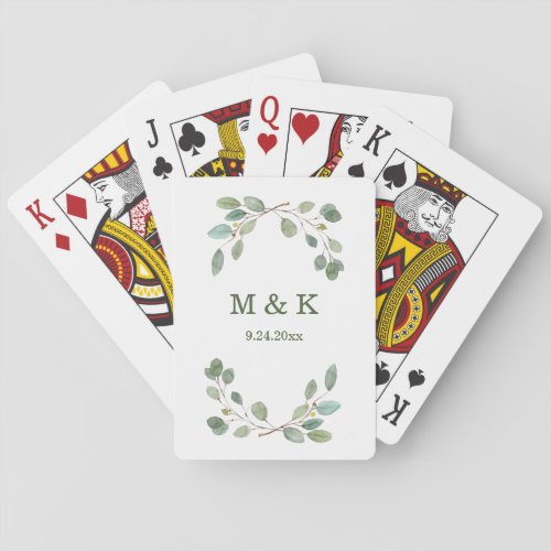 Simple Eucalyptus Greenery  Monogram and Date Poker Cards