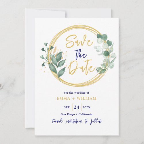 Simple Eucalyptus Greenery Navy Blue and Gold  Save The Date