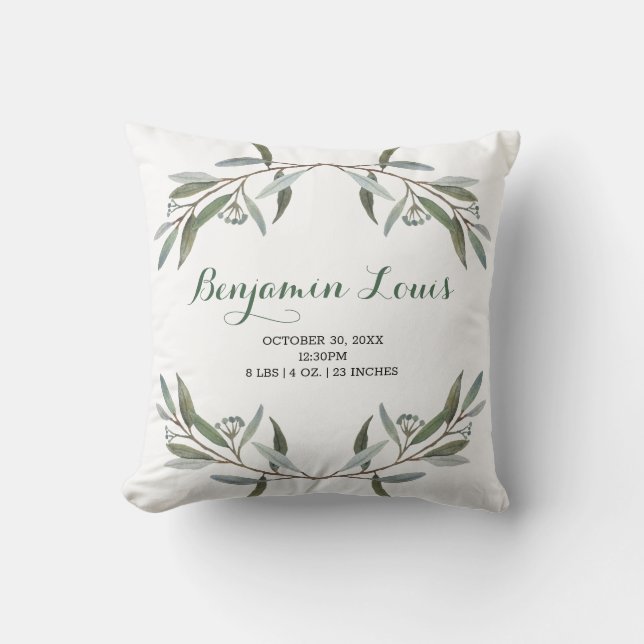 Simple Eucalyptus Greenery New Baby Birth Stats Throw Pillow (Front)