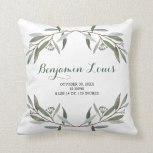 Simple Eucalyptus Greenery New Baby Birth Stats Throw Pillow