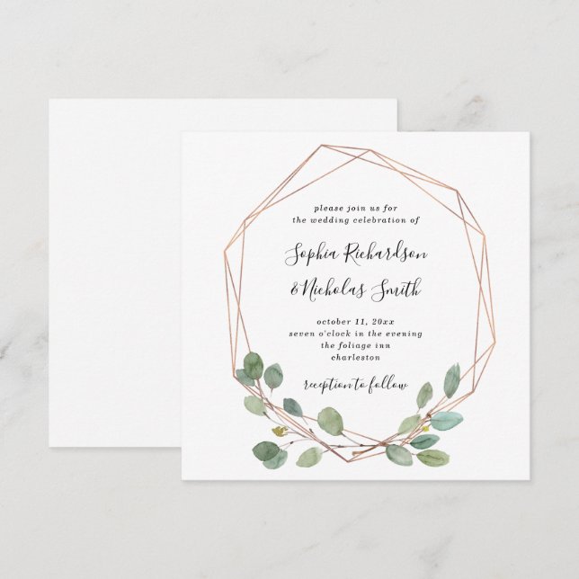 Simple Eucalyptus Greenery | Rose Gold Geo Wedding Invitation (Front/Back)