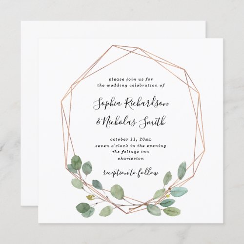 Simple Eucalyptus Greenery  Rose Gold Geo Wedding Invitation