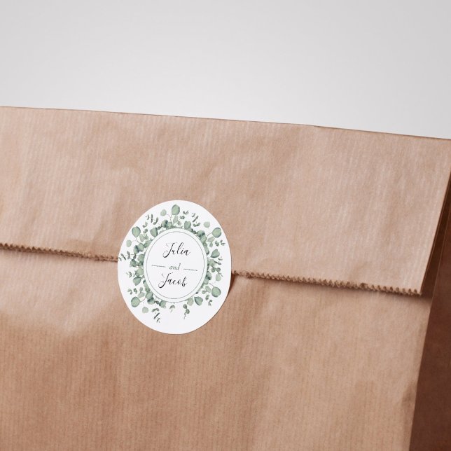 Simple Eucalyptus Greenery Wedding Party Classic Round Sticker (Simple Eucalyptus Greenery Wedding Party Supplies)