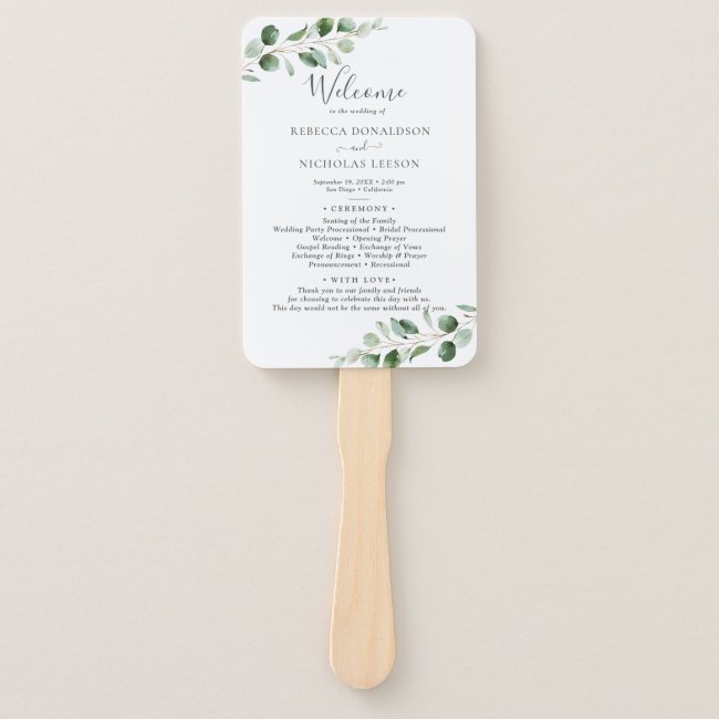 Simple Eucalyptus Greenery Wedding Program Hand Fan