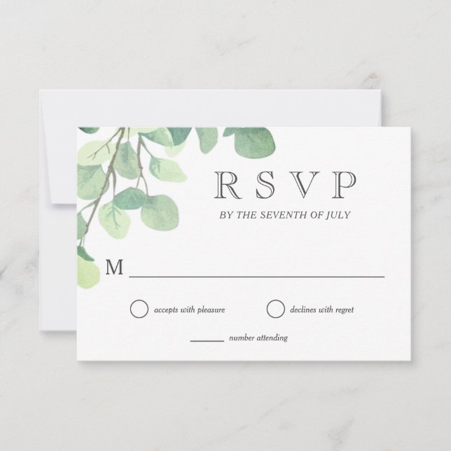 Simple Eucalyptus Greenery Wedding Reply RSVP Card (Front)