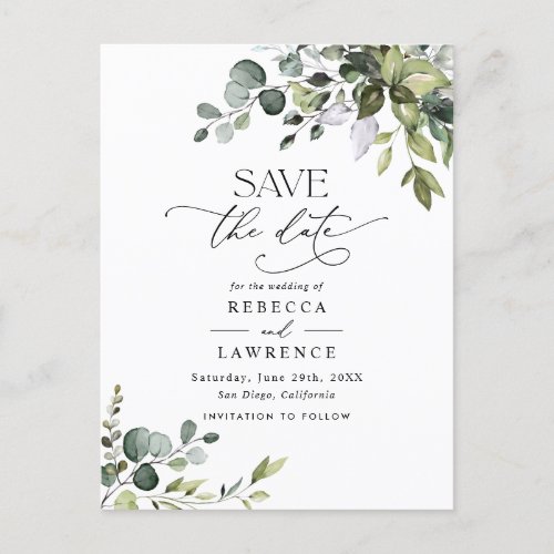 Simple Eucalyptus Greenery Wedding Save the Date Postcard