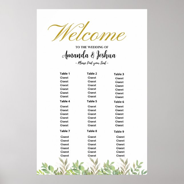 Simple Eucalyptus greenery wedding seating chart (Front)