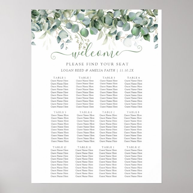 Simple Eucalyptus Greenery Wedding Seating Chart (Front)