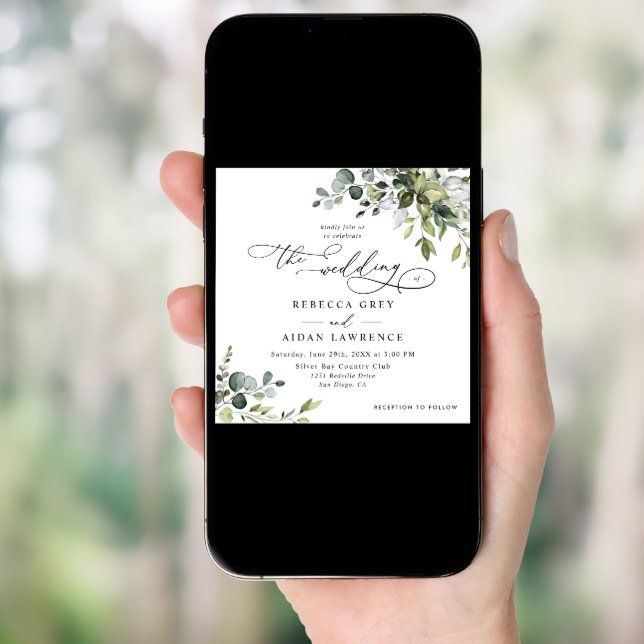 Simple Eucalyptus Greenery Wedding Square Invitation (Front Digital)