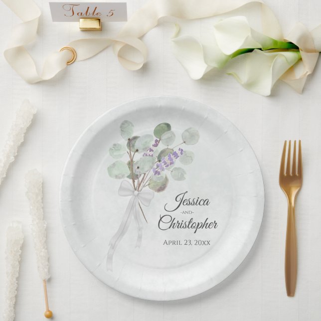 Simple Eucalyptus & Lavender Bouquet Wedding Paper Plates (Wedding)