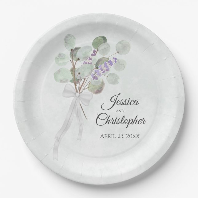 Simple Eucalyptus & Lavender Bouquet Wedding Paper Plates (Front)