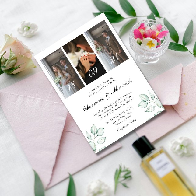 Simple Eucalyptus Leaf & 3 Photo QR Code Wedding Invitation (Creator Uploaded)