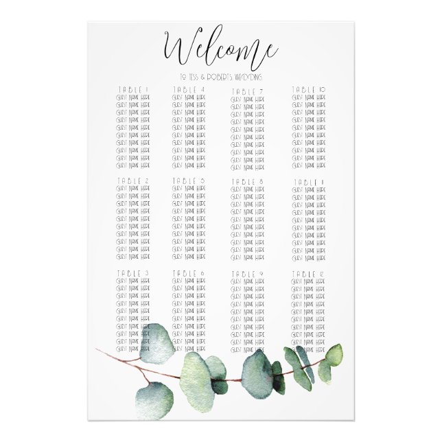 Simple Eucalyptus Leaf Wedding Seating Chart Print (Front)