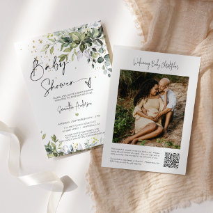 Simple Eucalyptus Leaves Baby Shower QR Code Photo Invitation