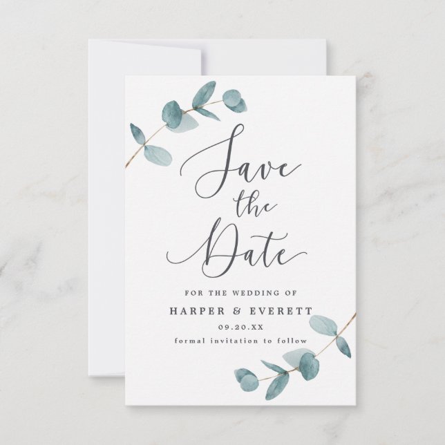 Simple Eucalyptus Leaves & Calligraphy Wedding Save The Date (Front)